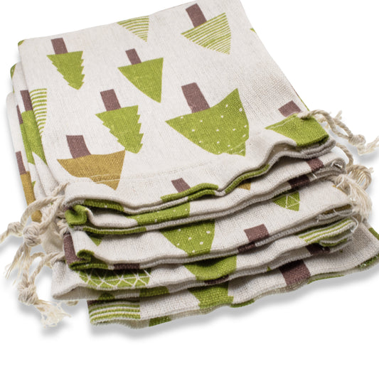 Woodland Tree Drawstring Bags: Rustic Christmas Winter Gift Pouch 5x7 5-Pack