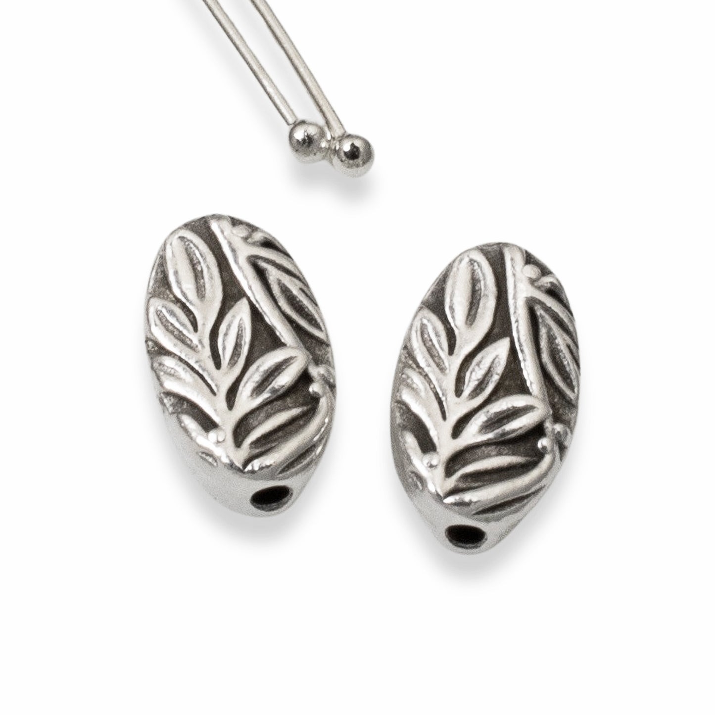 Botanical Leaf Beads, 4-Pack Antique Silver Oval Nature Beads 8x13mm, Jewelry Making