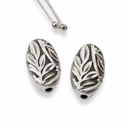 Botanical Leaf Beads, 4-Pack Antique Silver Oval Nature Beads 8x13mm, Jewelry Making