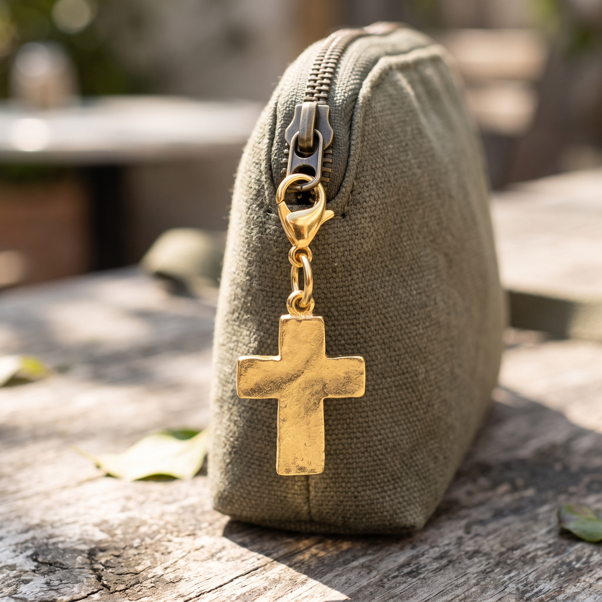 Hackberry Creek 24k gold-plated hammered cross charm clipped onto an olive green canvas zipper pouch on a wooden table