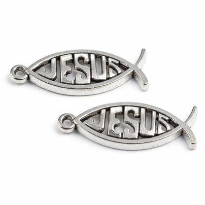 Jesus Fish Charms 15-Pack Silver Metal Ichthys Pendants Christian Gift Supply