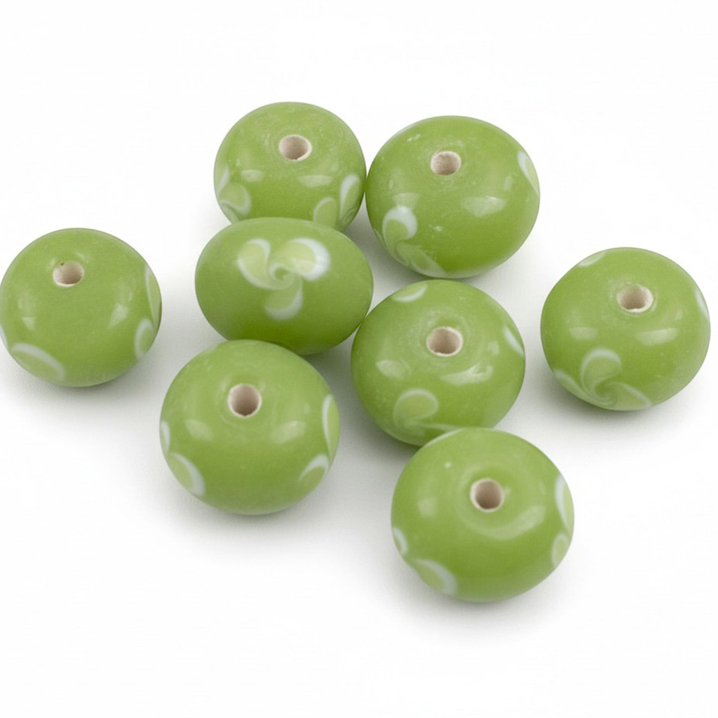 Green Swirl Flower Lampwork Beads: Opaque Lime Rondelle Glass 13mm 10-Pack