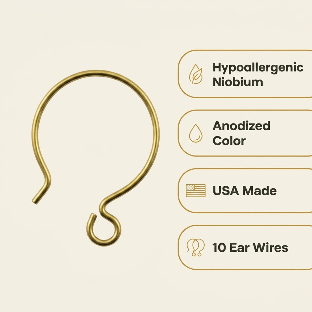 Yellow Niobium Circle Hoop Ear Wires, Hypoallergenic, USA Made, 10-Pack
