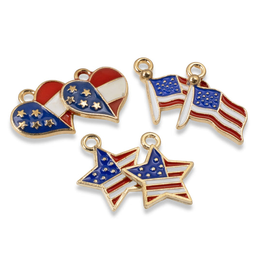 USA Flag Charm Set - 6-Pack Heart, Flag & Star Charms, Patriotic Jewelry, Crafts