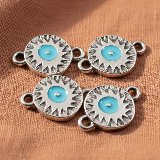 Silver Evil Eye Connector Charms: Antique Silver Aqua Enamel Round Links 4-Pack