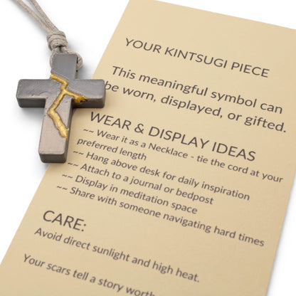 Gray Kintsugi Cross Necklace, Inspirational Wearable Art, Handmade Pendant, Meaningful Gift, Japanese Philosophy Jewelry