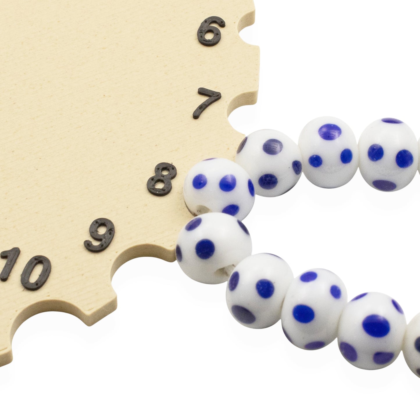 Blue Dots White Lampwork Glass Beads, Handmade Indonesian, 8mm Round Spotted Beads, 58Pcs per 17" Strand