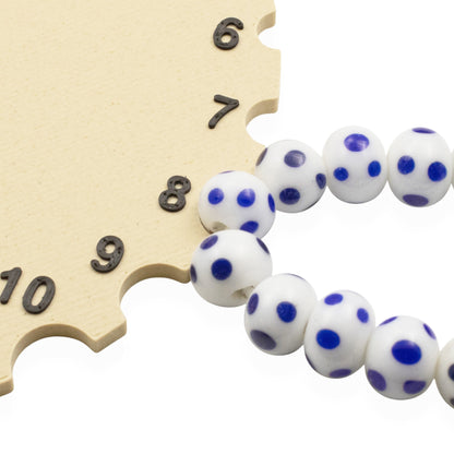 Blue Dots White Lampwork Glass Beads, Handmade Indonesian, 8mm Round Spotted Beads, 58Pcs per 17" Strand