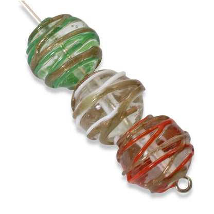 Set of 12 Christmas Lampwork Beads, Red, Green, White Swirl, 12mm Round