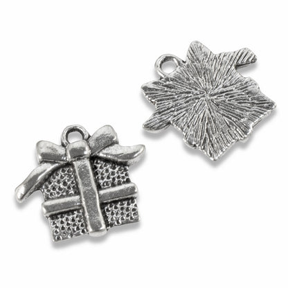 Silver Gift Box Charm: Antique Wrapped Bow Holiday 20-Pack Holiday Crafts