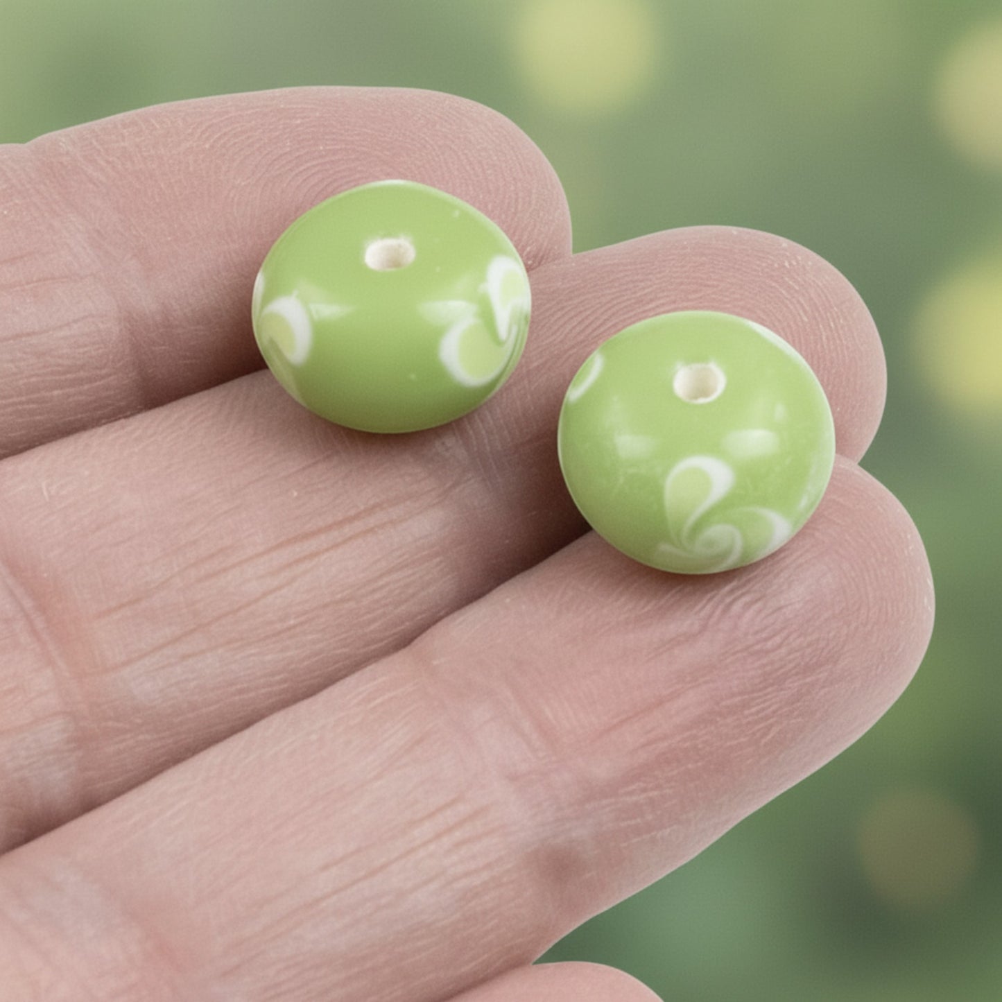Green Swirl Flower Lampwork Beads: Opaque Lime Rondelle Glass 13mm 10-Pack