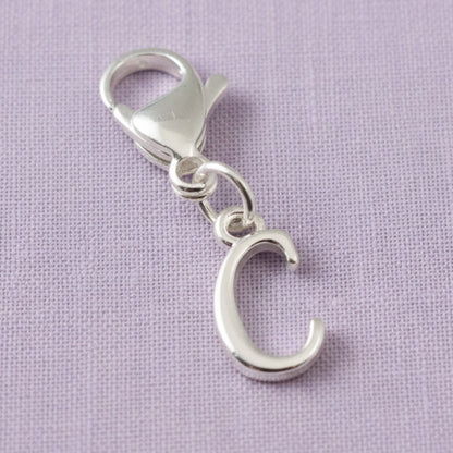 Silver Cursive Letter C Clip On Charm: Script Initial Dangle Lobster Clasp Personalized Journal Bracelet