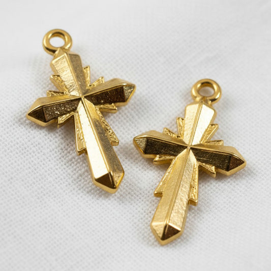 Geometric Cross Pendant: 24K Gold Plated Faceted Deco Style Necklace Charm 2 Pack
