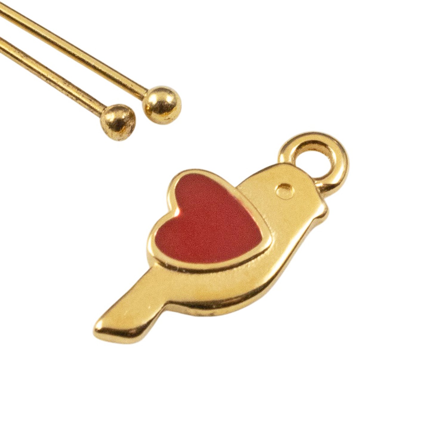 Gold Bird Heart Charms: 24K Gold Red Enamel Martaki Pendant 4-Pack