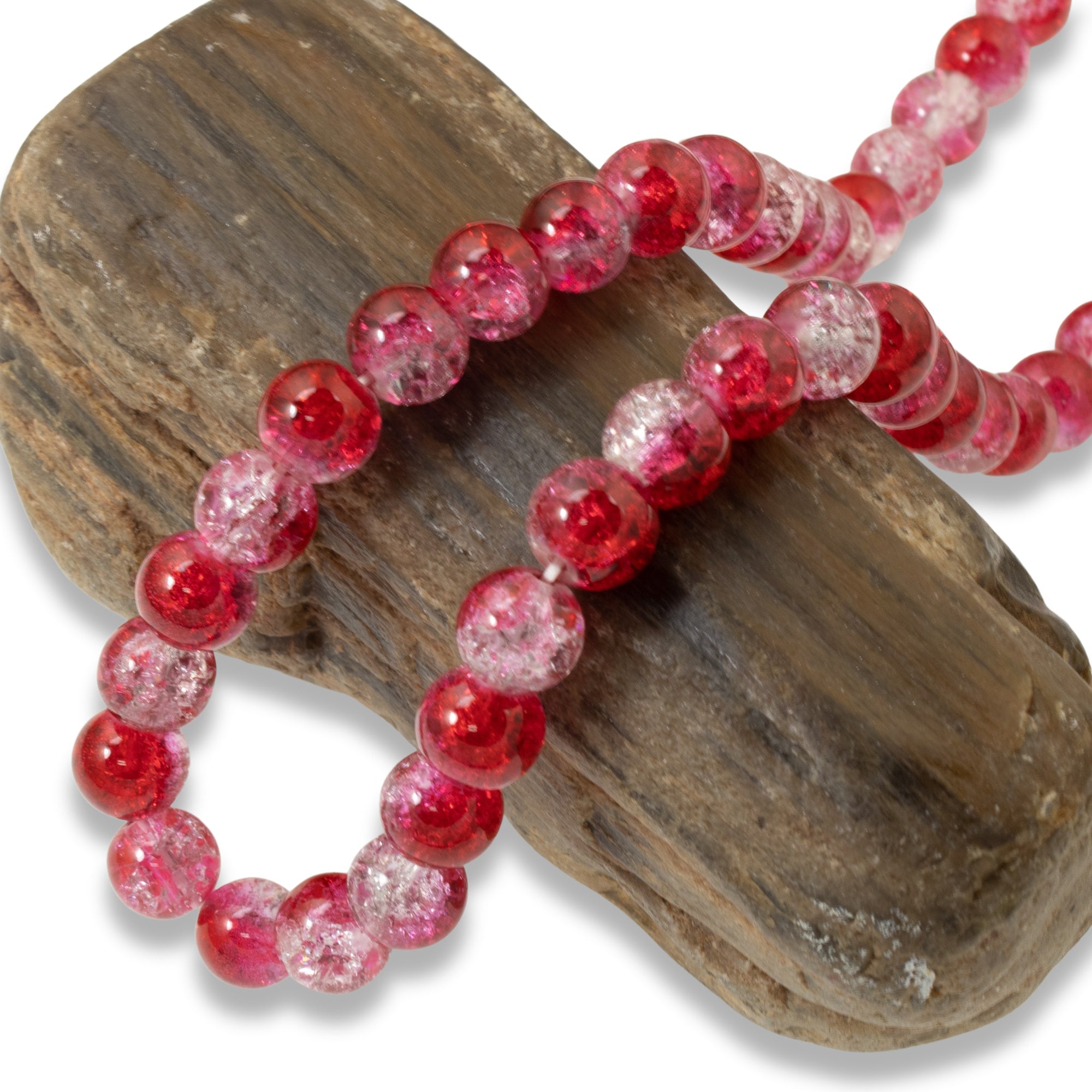 Red, Dark Pink & Clear 8mm Ombre Glass Crackle Beads