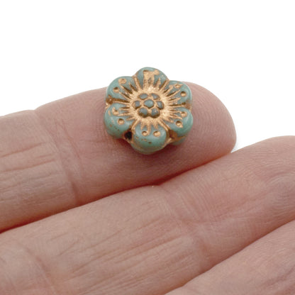 Wild Rose Czech Glass Beads, 8-Pack Turquoise Copper Wash, 14mm Flower Beads