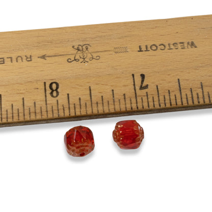 12 Faceted 8mm Crown Cathedral Beads - Siam Red + Bronze Ends - Czech Glass