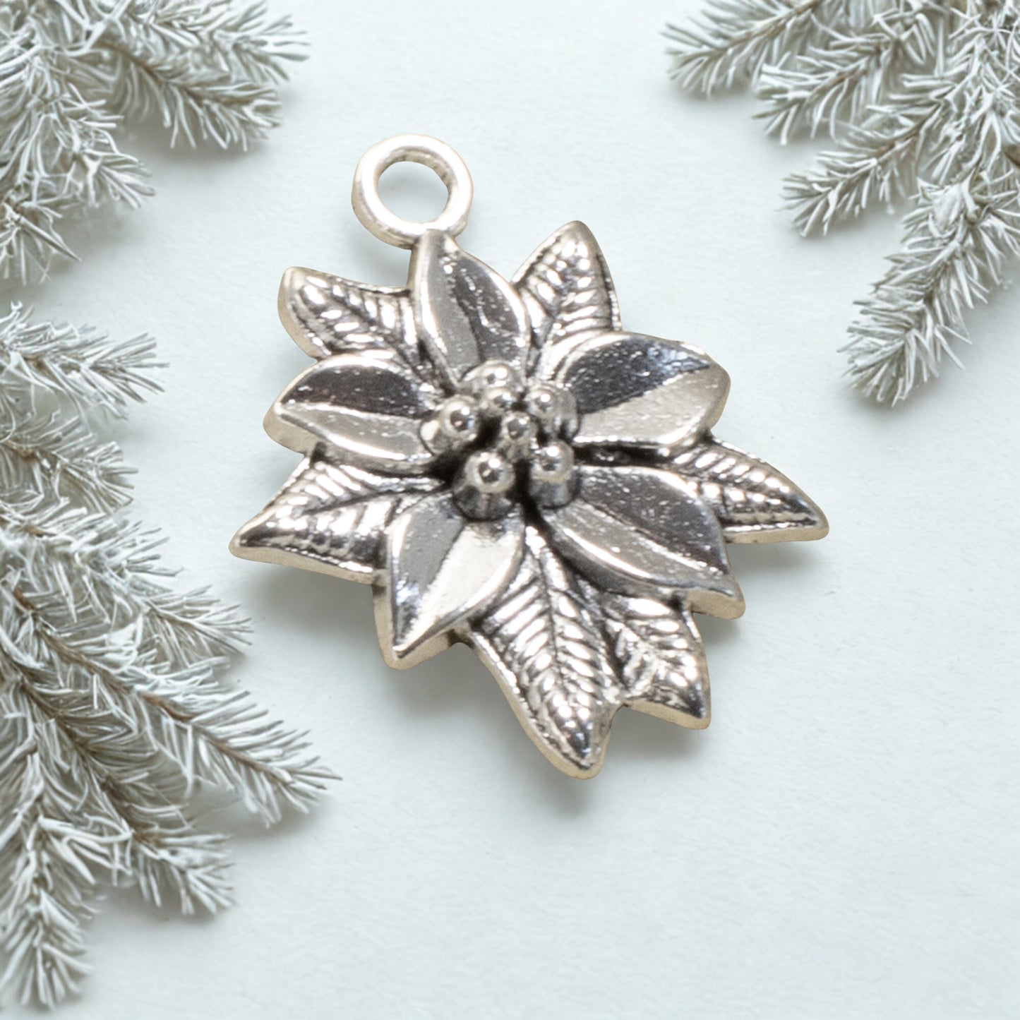 6 Silver Poinsettia Pendants - Festive Christmas Charms - Holiday Jewelry Making
