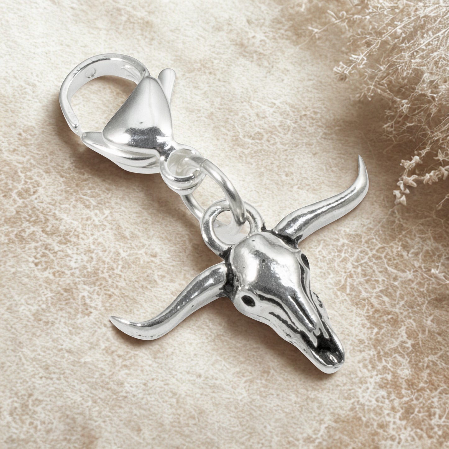 Western Longhorn Clip-On Charm, Silver Bull Steer Skull, Boho Country Jewelry