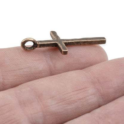 Large Hammered Cross Pendants: 2-Pc Antique Copper-Plated 34mm Religious Charms