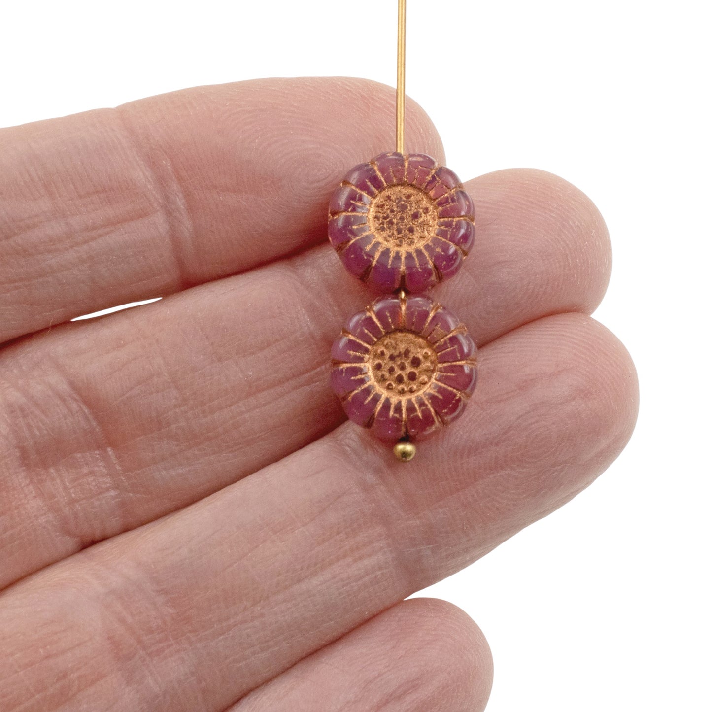 Pink Opaline Sunflower Beads: Czech Glass 13mm Copper Wash 8-Pack Floral Jewelry