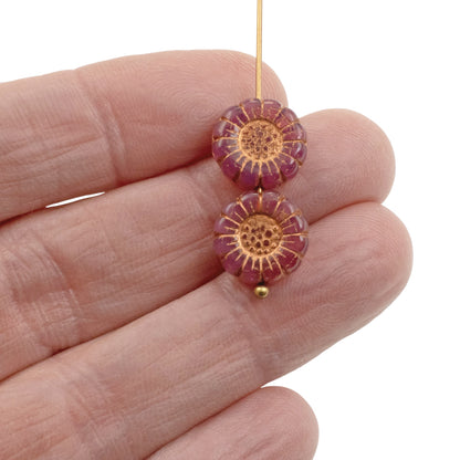 Pink Opaline Sunflower Beads: Czech Glass 13mm Copper Wash 8-Pack Floral Jewelry