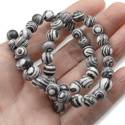 Black & White Striped Malachite Beads - 8mm Round Composite Stone - Full Strand