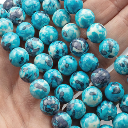 Aqua Blue Round Gemstone Beads: 10mm Natural Stone for Jewelry Making, Watercolor Pattern
