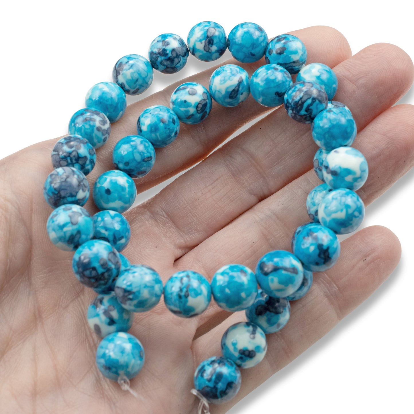 Aqua Blue Round Gemstone Beads: 10mm Natural Stone for Jewelry Making, Watercolor Pattern