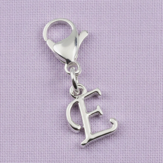 Silver Cursive Letter E Clip On Charm: Script Initial Dangle Lobster Clasp Personalized Journal Bracelet