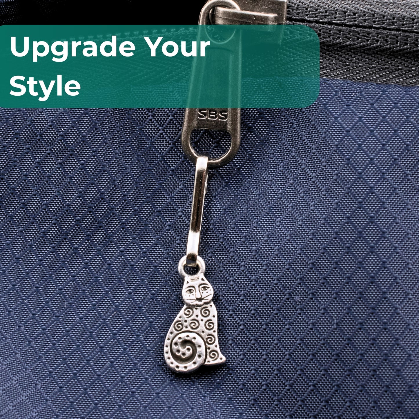 Silver Sitting Cat Zipper Charm: Double Sided Spiral Design Bag Journal Keychain Gift for Cat Lovers