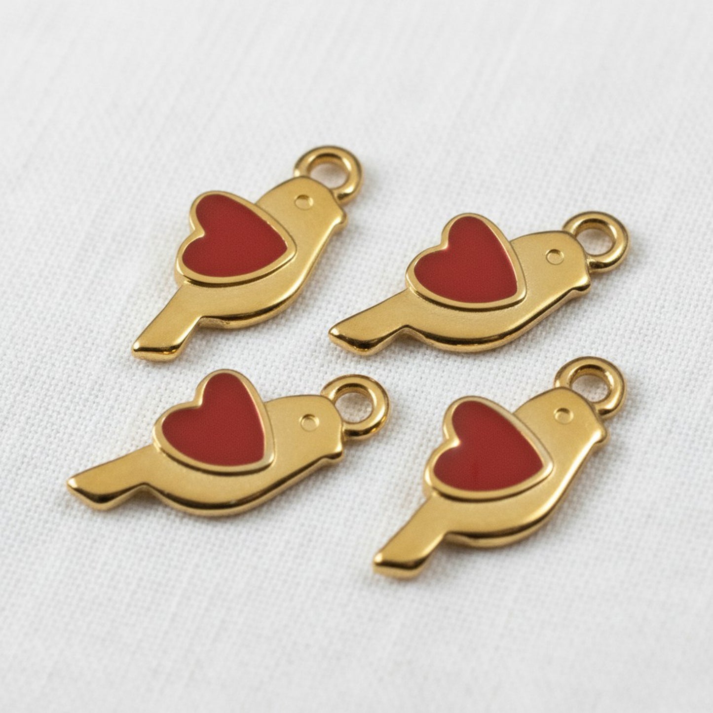 Gold Bird Heart Charms: 24K Gold Red Enamel Martaki Pendant 4-Pack