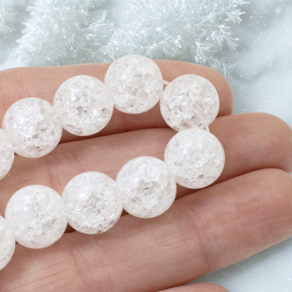 Large Winter Beads, 20-Pack White Crackle Glass 12mm, Bold Holiday Ornament DIY