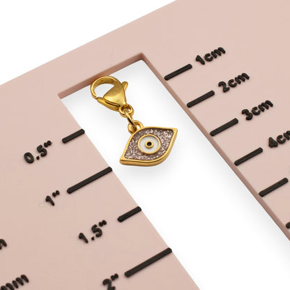 Gold Evil Eye Charm: 24K Gold Plated Pink Glitter Enamel Clip On Lobster Clasp Protection Symbol 1-1/8 Inch