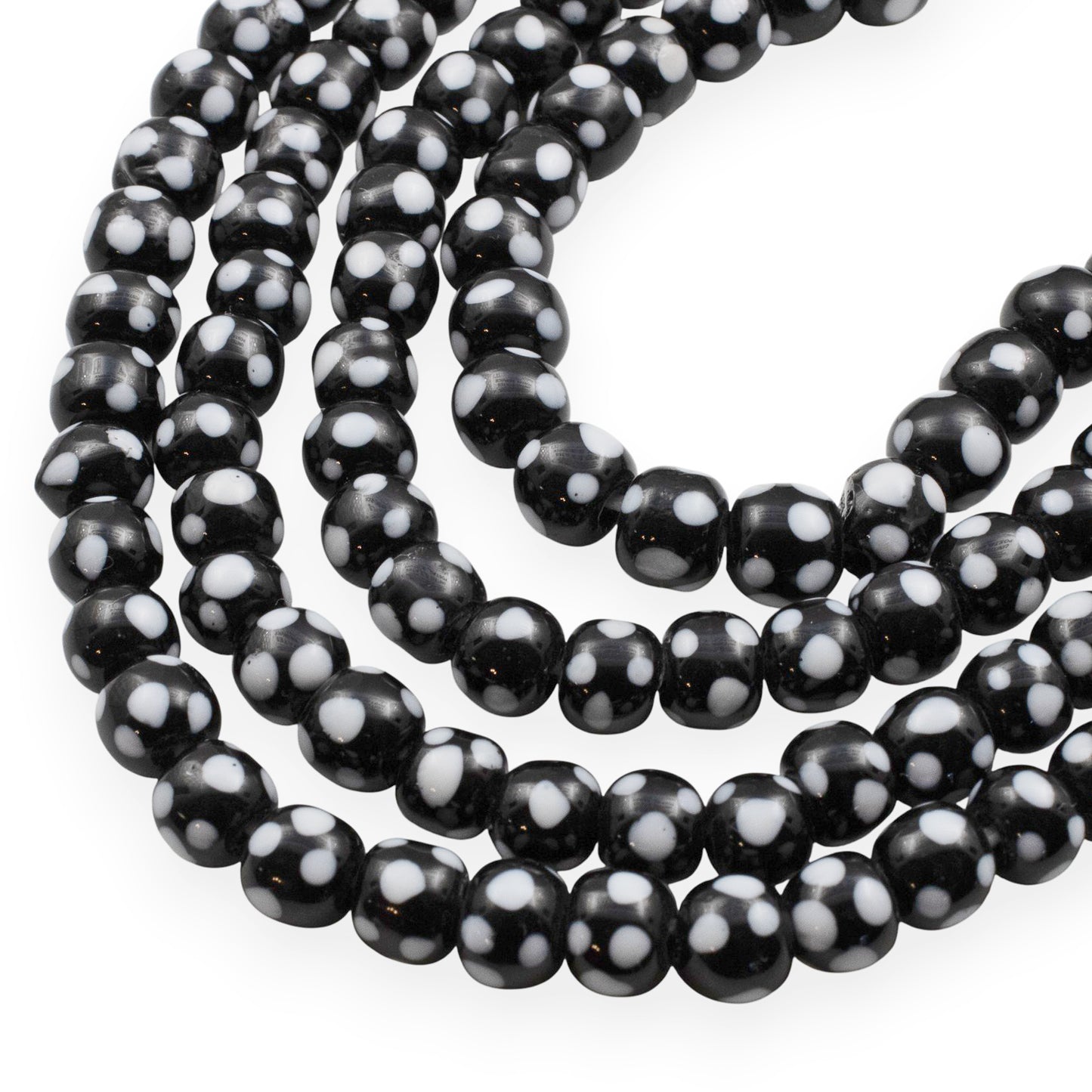 Black Glass Lampwork Beads with Light Gray Dots, Handmade Indonesian Beads, 6-8mm Round, 17" Strand 60-65 Beads