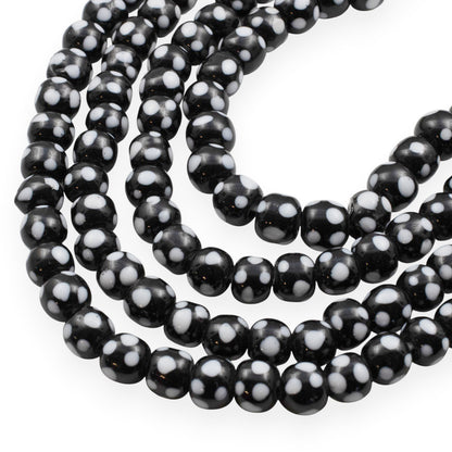 Black Glass Lampwork Beads with Light Gray Dots, Handmade Indonesian Beads, 6-8mm Round, 17" Strand 60-65 Beads