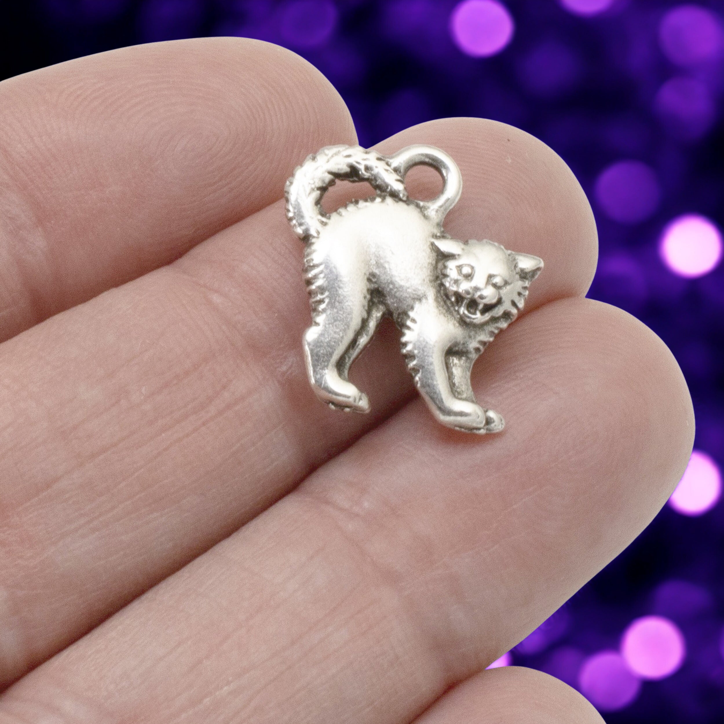 Silver Scary Cat Charms | Halloween Charms | Hackberry Creek