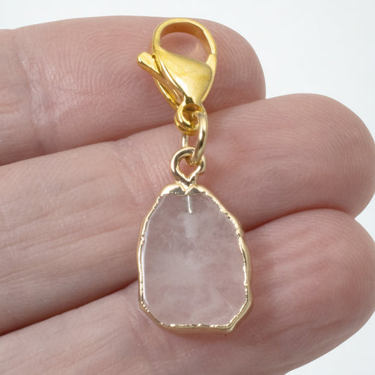 Rose Quartz Clip On Charm, Gold Edged Pink Crystal for Bag, Jewelry Accessory
