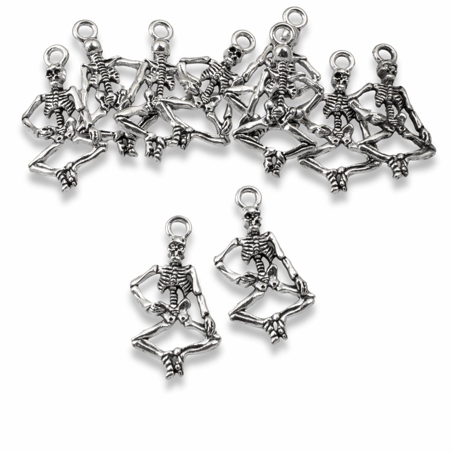 10 Dancing Skeleton Charms - Silver Whimsical Gothic Pendants - Halloween Crafts