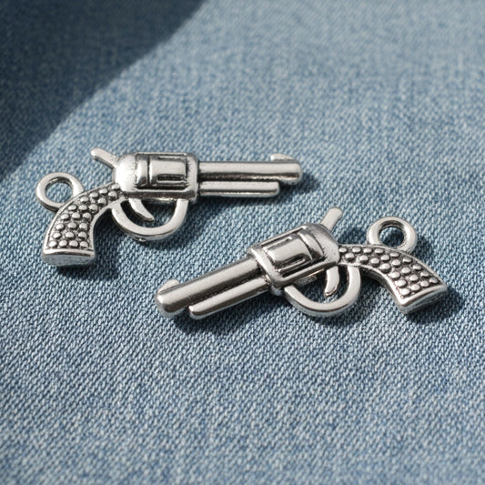 Silver Gun Charm: Revolver Pistol Western Cowgirl Edgy Boho Jewelry Making 20-Pack