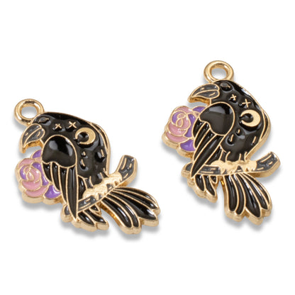 4-Pack Gothic Raven Charms Set, Black & Pink Enamel Pieces for Jewelry Crafting