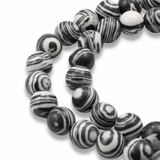 Black & White Striped Malachite Beads - 8mm Round Composite Stone - Full Strand