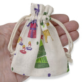 10 Small Christmas Themed Fabric Drawstring Bags, 3"x4" Cloth Pouches, Goody Bag