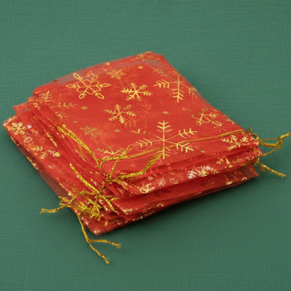 Red Snowflake Organza Gift Bags: Sheer Christmas Drawstring Pouches Gold Snowflake Holiday Packaging 10 Pack USA