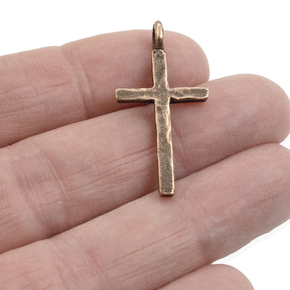 Large Hammered Cross Pendants: 2-Pc Antique Copper-Plated 34mm Religious Charms