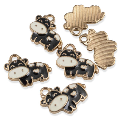 Black Cow Charms 6-Pack, Enamel Metal Pendants, Farm Country Jewelry Supply