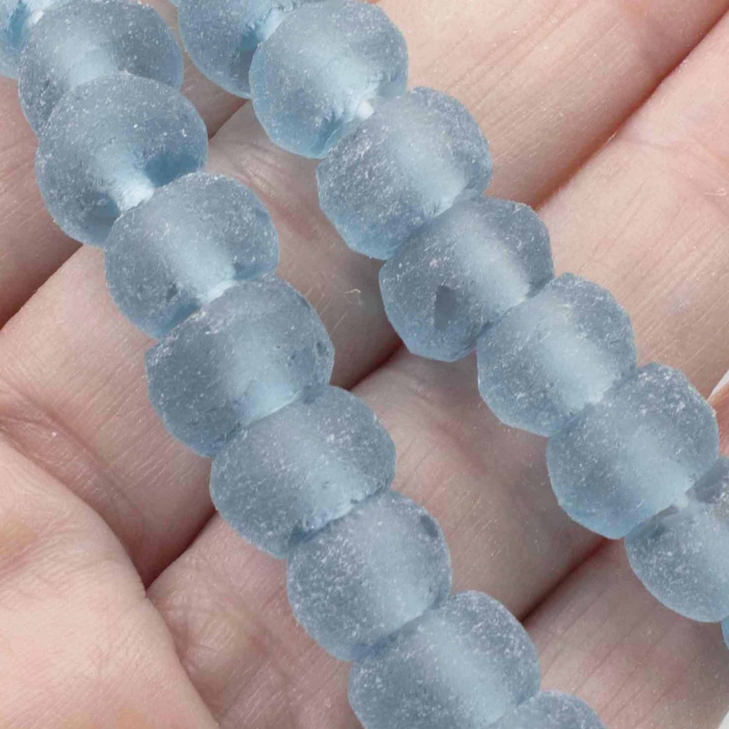 Light Blue Weathered Glass Beads, Recycled Rondelle Strand, Sustainable Jewelry Making, Eco-Friendly Beads