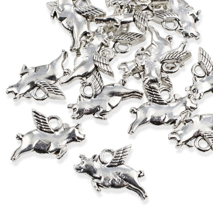 Silver Flying Pig Charms 20Pcs, Whimsical Novelty Metal Pendants Jewelry Supply