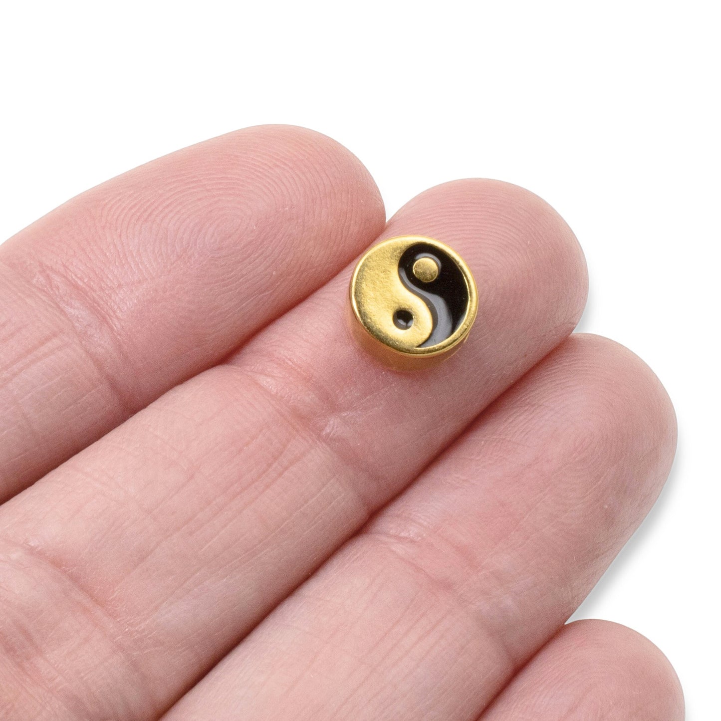 Yin Yang Beads, 2Pc 24k Gold Plated + Black Enamel, Meditation Balance Symbol