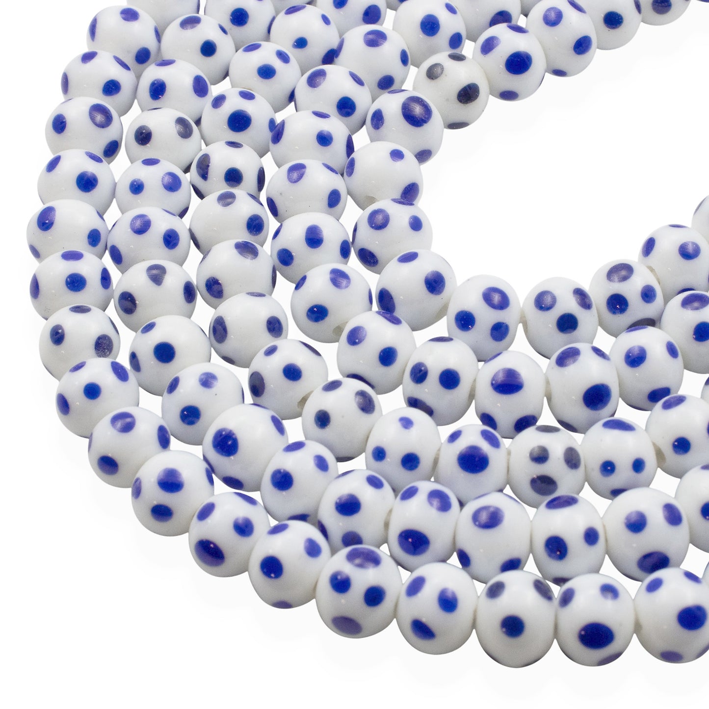 Blue Dots White Lampwork Glass Beads, Handmade Indonesian, 8mm Round Spotted Beads, 58Pcs per 17" Strand